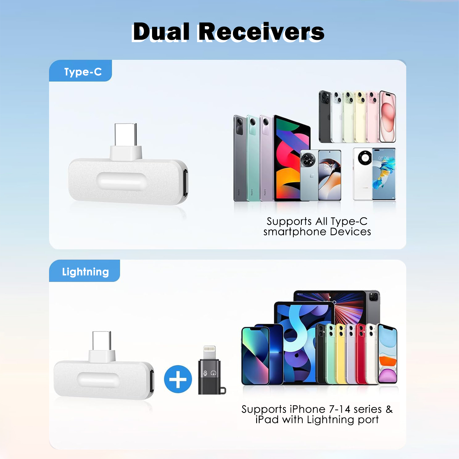 Wireless 2 Pack Clip-on Mini Microphone Compatible with iPhone iPad Android for Video Recording Tiktok Youtube Vlog Podcast, White