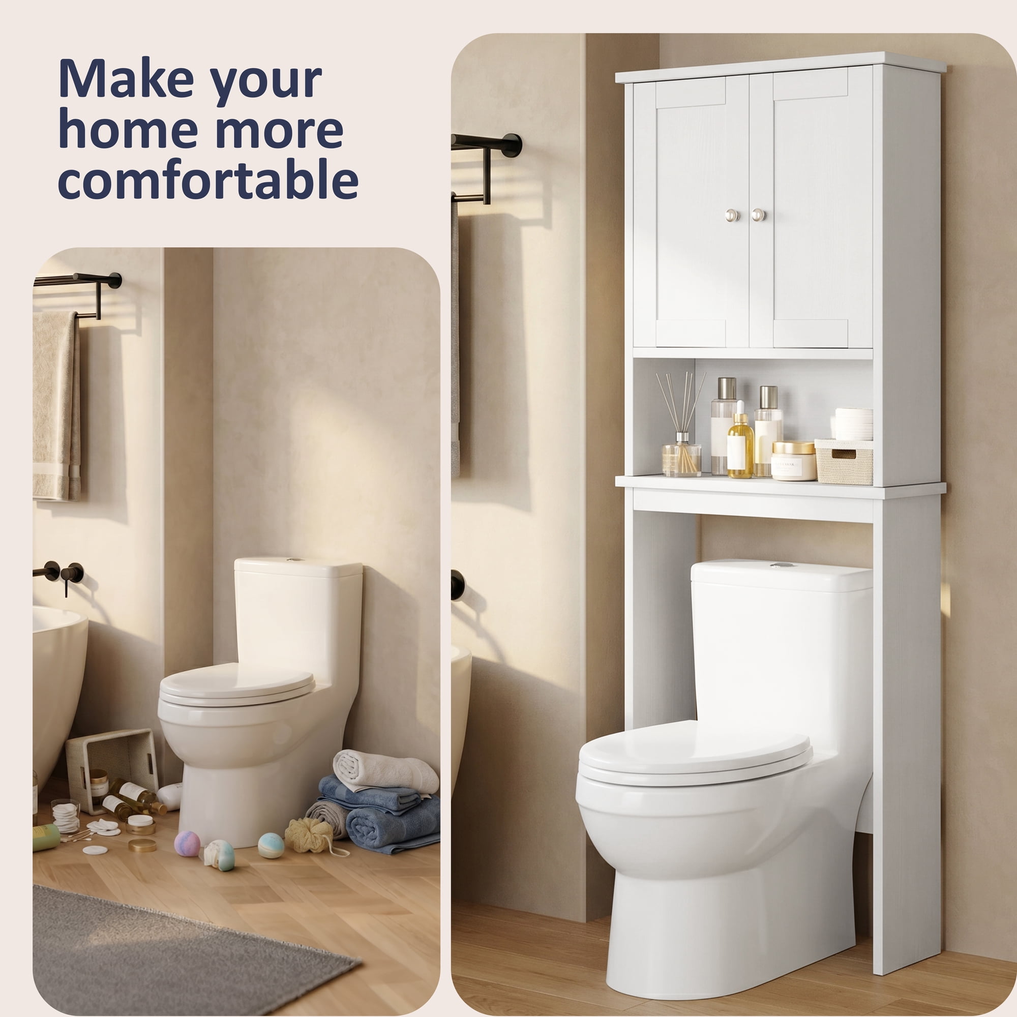 Walsunny Over The Toilet Storage Cabinet Bathroom Shelves Organizer Space Saver Freestanding Restroom Shelf with Doors Anti-Tip Device Adjustable Shelf White