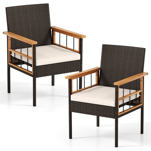 Costway 2PCS Patio Dining Chairs with Removable Padded Cushion, Acacia Wood Armrests