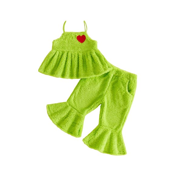 RUINIXCW Girls Christmas Outfit Heart Embroidery Green Fuzzy Camisole Flared Pants
