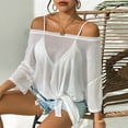 thumbnail image 4 of Abomasnow Women's Sheer Mesh See Through T Shirt 3/4 Length Sleeve Off Shoulder Tops Casual Beach Vocation Shirts, 4 of 8
