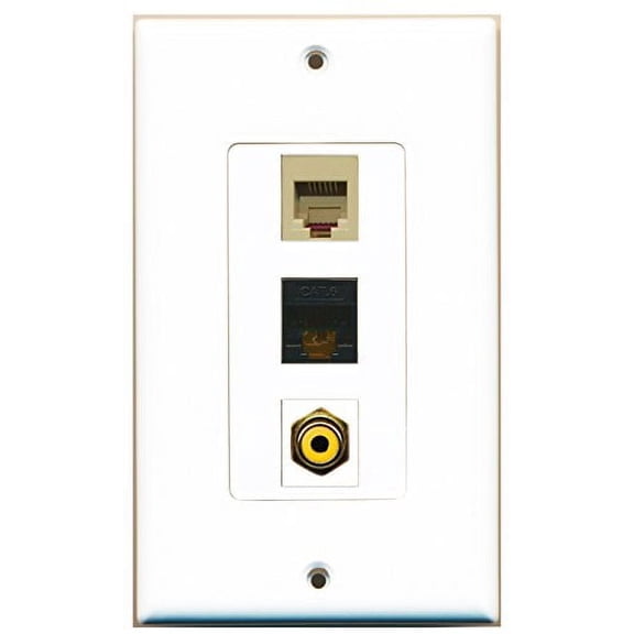 RiteAV - 1 Port RCA Yellow and 1 Port Phone RJ11 RJ12 Beige and 1 Port Cat6 Ethernet Black Decorative Wall Plate Decorative