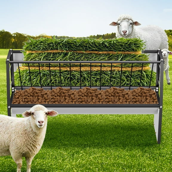 60 Gallon Capacity Goat Hay Feeder, Galvanized Steel Livestock Goat Feeder, 5-Feet Pasture Feeder for Horses, Deer, Calves, Cow, Ranches