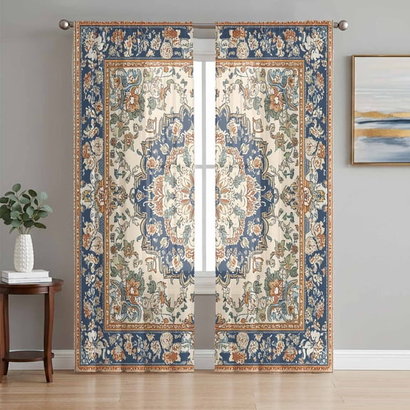 Boho Southwestern Sheer Curtains 84 Inch Length 2 Panels Set, Heritage Antique Country Blue Voile Window Treatment Rod Pocket Curtains Sheers Drapes for Bedroom/Living Room/Kitchen 52"x84"x2