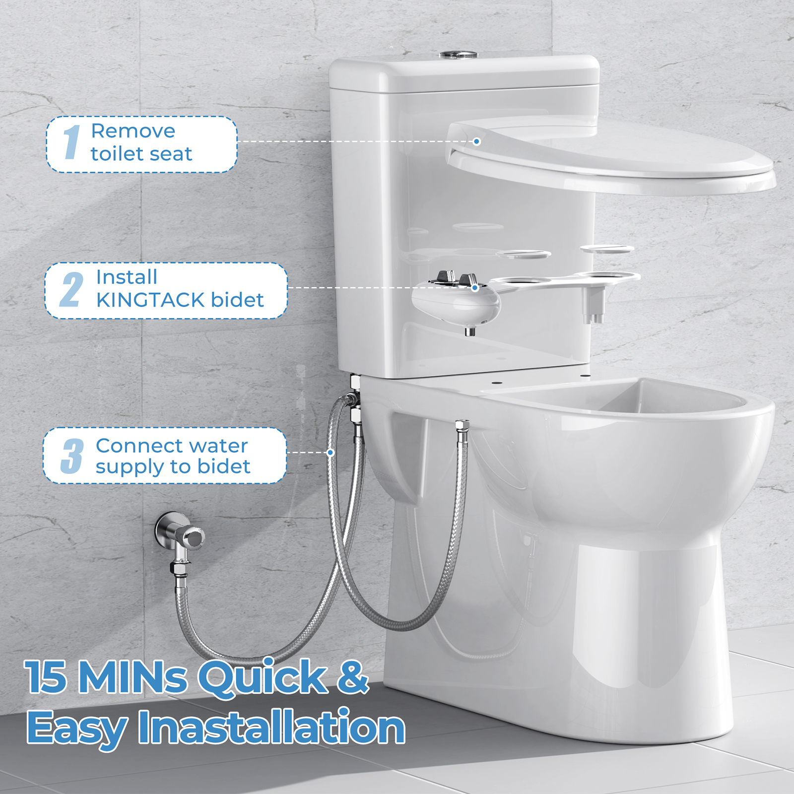 KINGTACK Bidet Attachment for Toilet, Toilet Bidet Non-Electric Bidet Toilet Attachment Dual Nozzles for Frontal/Rear Wash, Adjustable Pressure Control (Black/White)