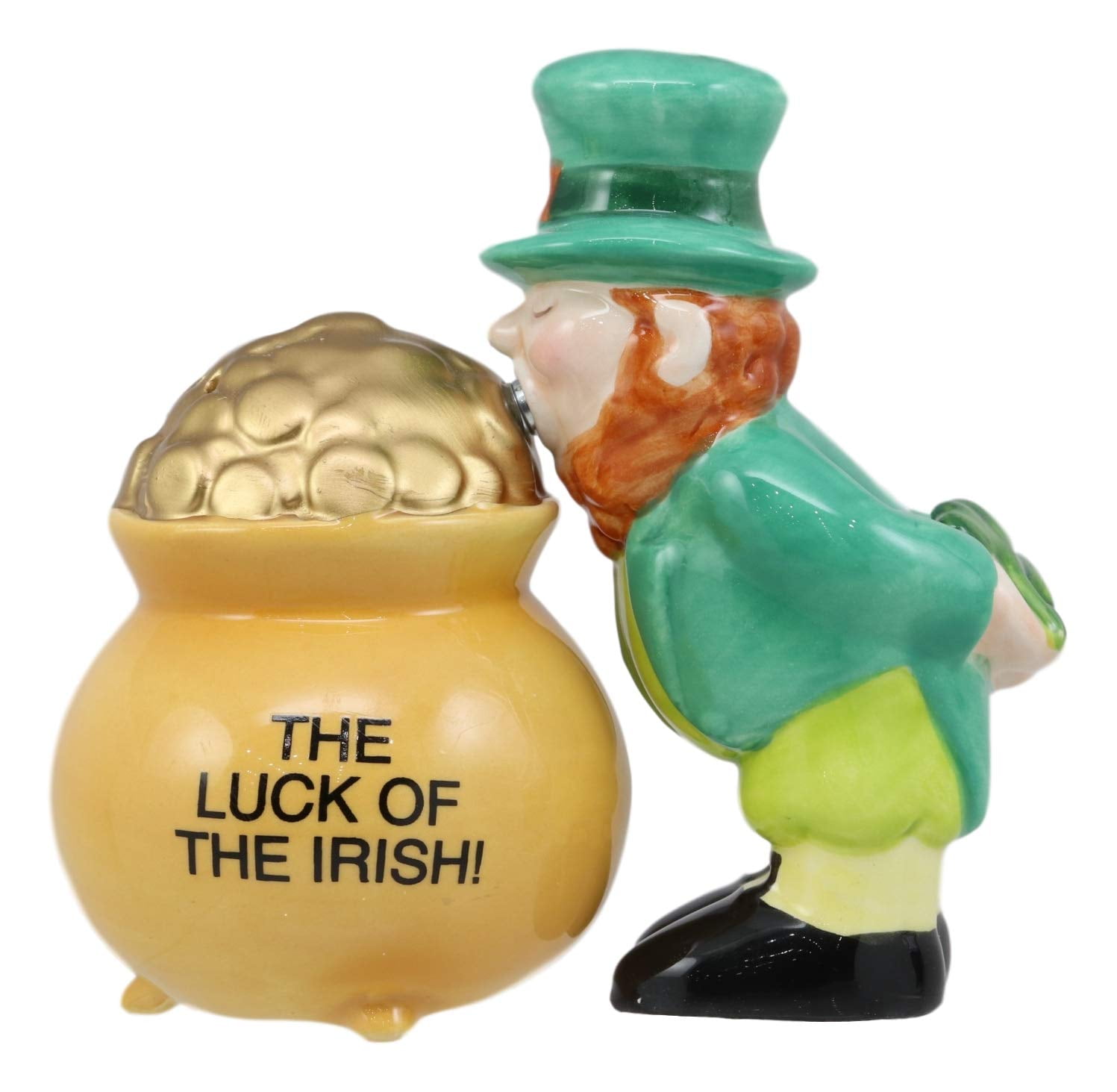 Ebros Saint Patricks Day Luck Of The Irish Leprechaun Kissing Pot Of Gold Magnetic Salt And Pepper Shakers Set Ceramic Figurines Party Kitchen Tabletop Collectible Prop Decorative Accessories 