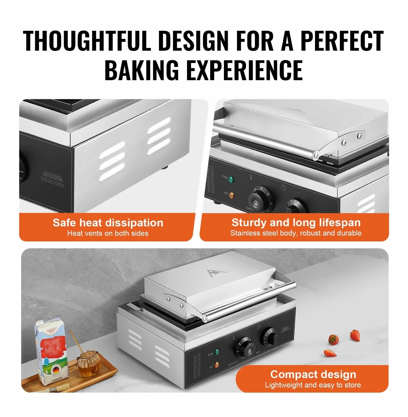 Commercial Waffle Maker, 10 Rectangular Waffles 1550W - Stainless Steel Baker Machine with Temperature Control & Timer for Restaurant, Home, Snack Stall