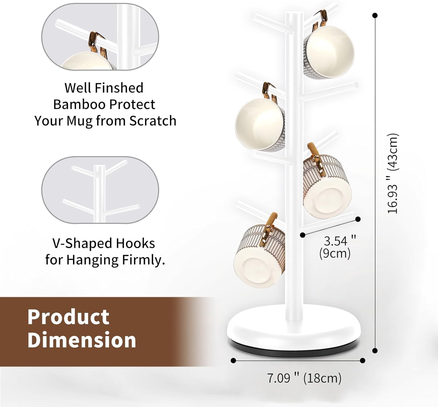 Bamboohomie White Coffee Mug Tree, Mug Holder for Counter, Rotating 8-Hook Mug Tree Stand, White