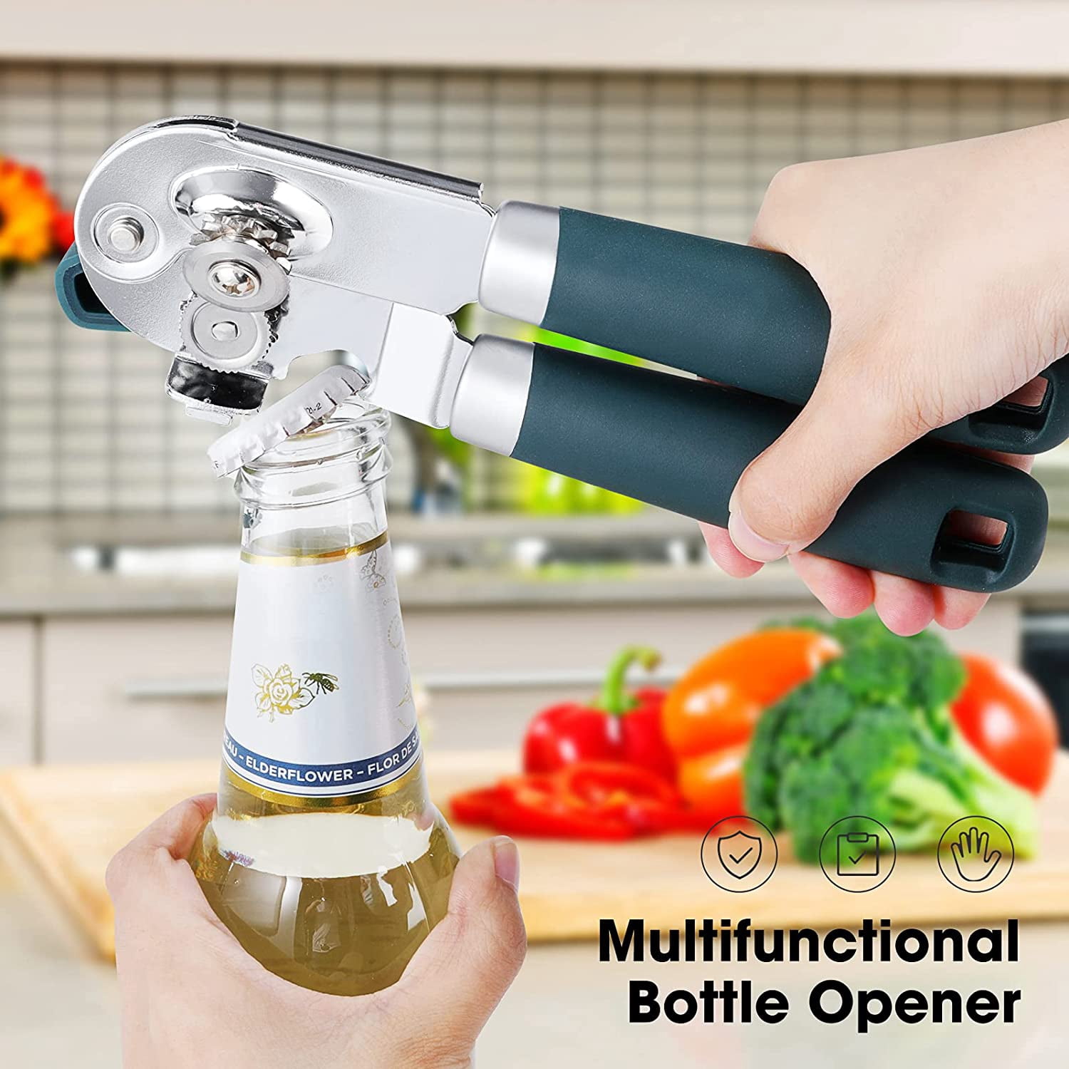 Heavy Duty Hand Can Opener Manual with Magnet, Durable Sharp Carbon Steel Blade Smooth Cutting, Big Effort-Saving Knob & Soft Grip Handle, Multifunctional Kitchen Tool with Bottle Opener, Green