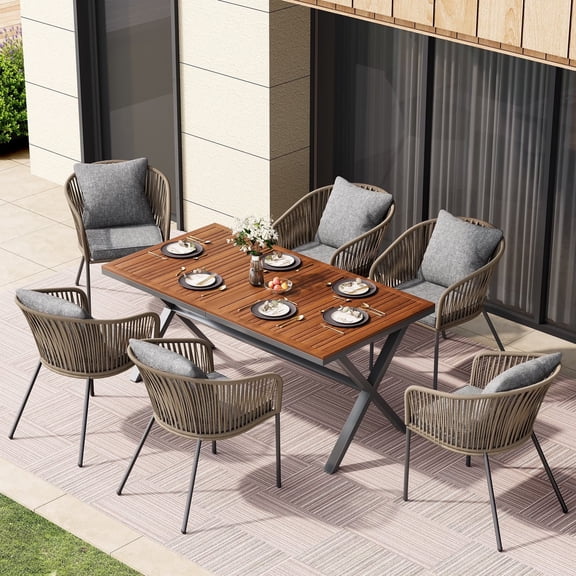 7 Pieces Outdoor Patio Dining Set for 6, All-Weather Outdoor Furniture Set with Dining Table and Chairs for Garden, Backyard, Balcony, Grey
