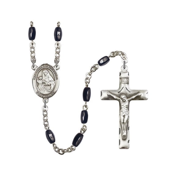 Madonna Del Ghisallo Silver-Plated Rosary 8x5mm Black Onyx Beads Crucifix Size 1 3/4 x 1 medal charm