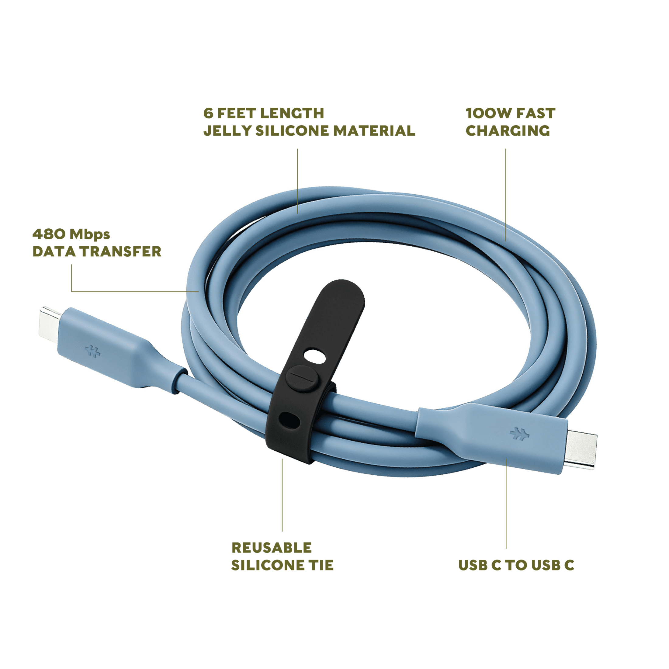 Swiss Tech Kabel S100 6 ft 100W Soft Touch USB-C to USB-C Charging Cable, Cresta Blue