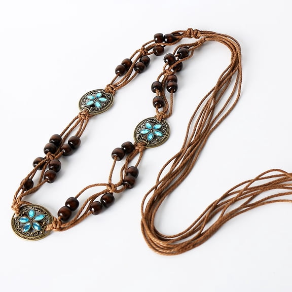 Vintage Western Belts Braided Woven Rope Belt with Tassel Boho Beaded Tie Belt (Blue One Size)