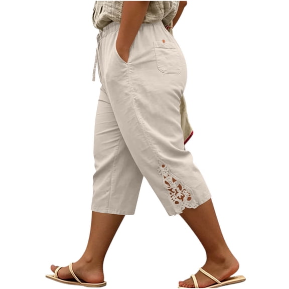 Ruimatai Women Capri Cropped Pants High Waist Drawstring Elastic Waistband Lace Cutout Pockets Loose Fit Casual Summer Trousers