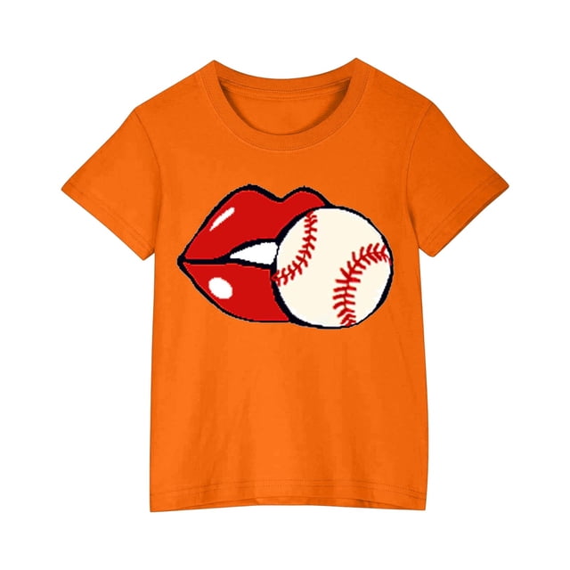 HVOBBTY T-Shirt Décontracté à Manches Courtes pour Tout-Petits, T-Shirt Imprimé Baseball pour Garçons et Filles, Mode Col Rond Imprimé Manches Courtes Orange, 7 Ans