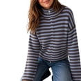 thumbnail image 3 of Venzia Women Striped Full‑Zip Cropped Sweater, Stand Collar Ribbed Knit Zip‑Up Cardigan Jacket, 3 of 8
