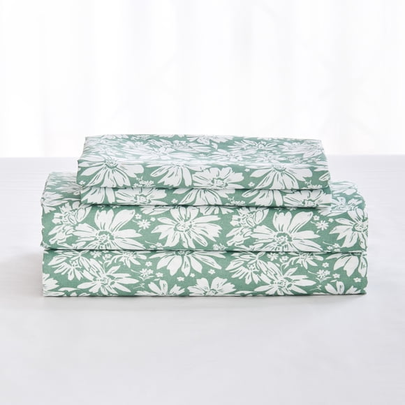 Gogreen 4PC Deep Pocket California King Sheet Set Fit 14", Breathable Microfiber Soft California King Size Sheet Set, Hotel Style Bed Sheet Set, Gift for Women, Men - White Flowers Green Background
