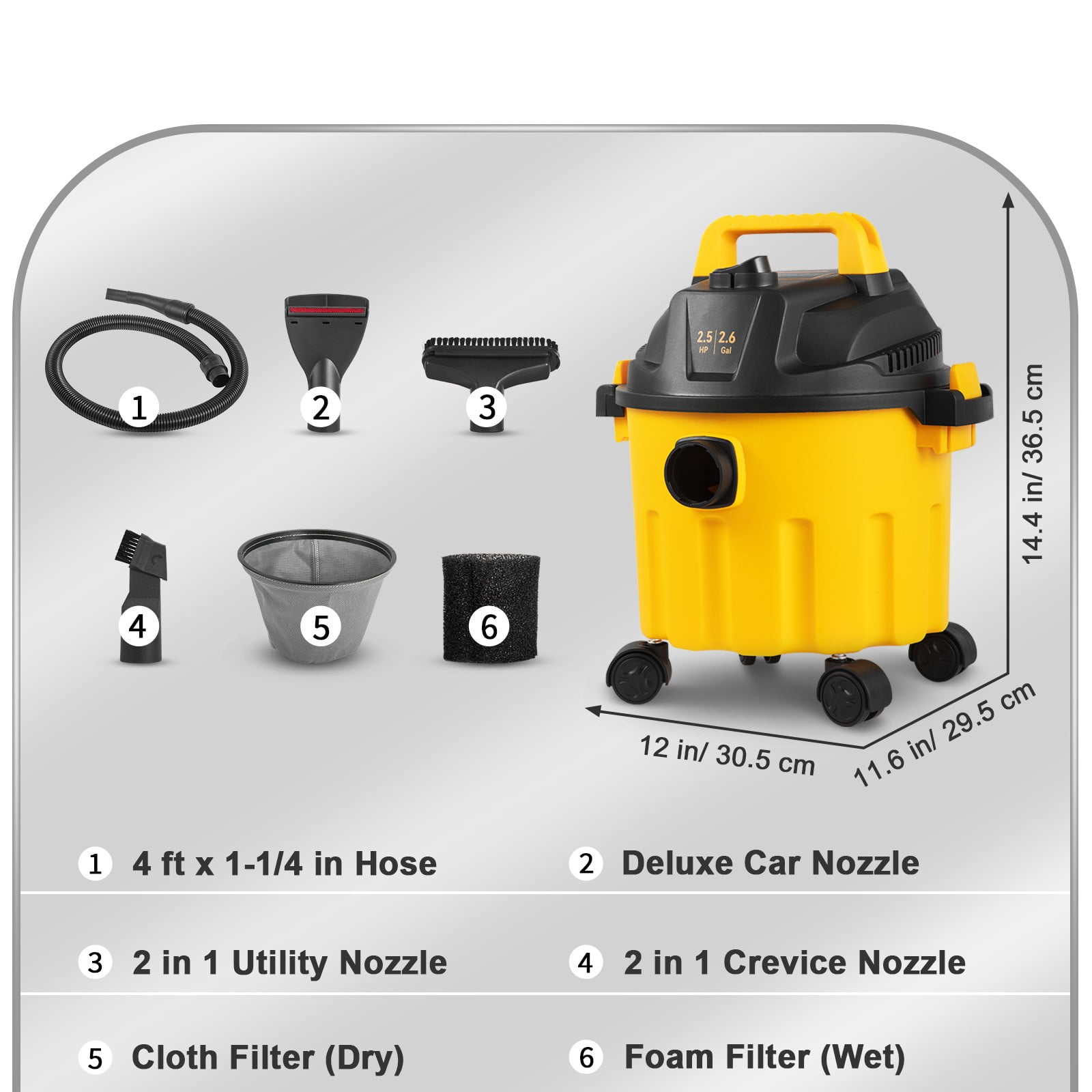 BENTISM Wet Dry Vac, 2.6 Gallon, 2.5 Peak HP, 3 in 1 Shop Vacuum with Blowing Function, Portable with Attachments to Clean Floor, Upholstery, Gap, Car, ETL Listed, Black/Orange