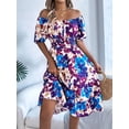 thumbnail image 5 of Women's Short Sleeve A Line Dresses Square Neck Flowy Floral Smocked Midi Dress for Casual Blue M, 5 of 10