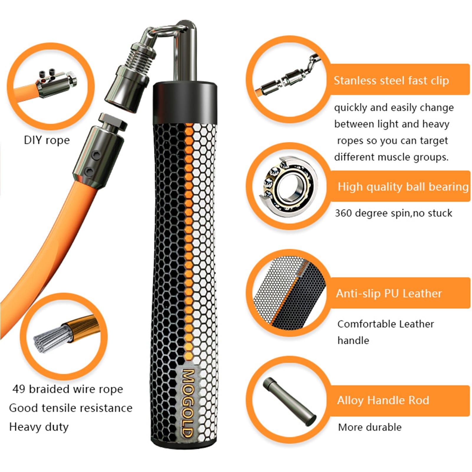 MOGOLD 300 cm Weighted Interchangeable Weights Adjustable Length Ergonomic Leather Grip 361 Degree Spin Jump Rope
