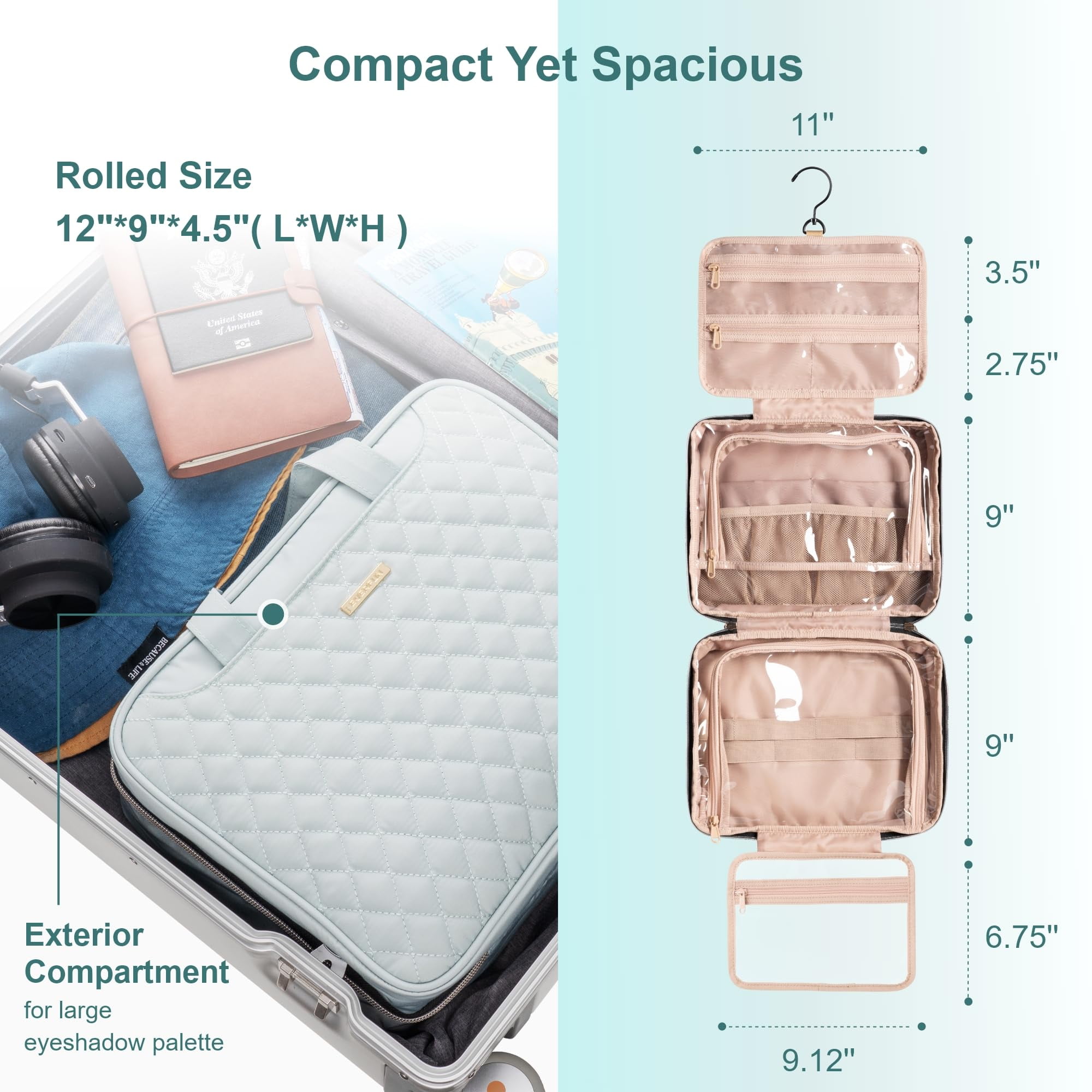 EVERFUN Large Size Travel Makeup Bag Women Hanging Toiletry Bag Cosmetic Organizer Kit, Mint Green