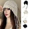 thumbnail image 2 of Women Crochet Hat Solid Color Ethnic Style Knitted Hat with Tassel Trim Lace-up Handmade Crochet Hat, 2 of 8