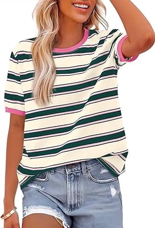 BTFBM Summer Tops for Women Crewneck Short Sleeve Striped T Shirts Casual Spring Clothes Color Block Basic Tee Blouses
