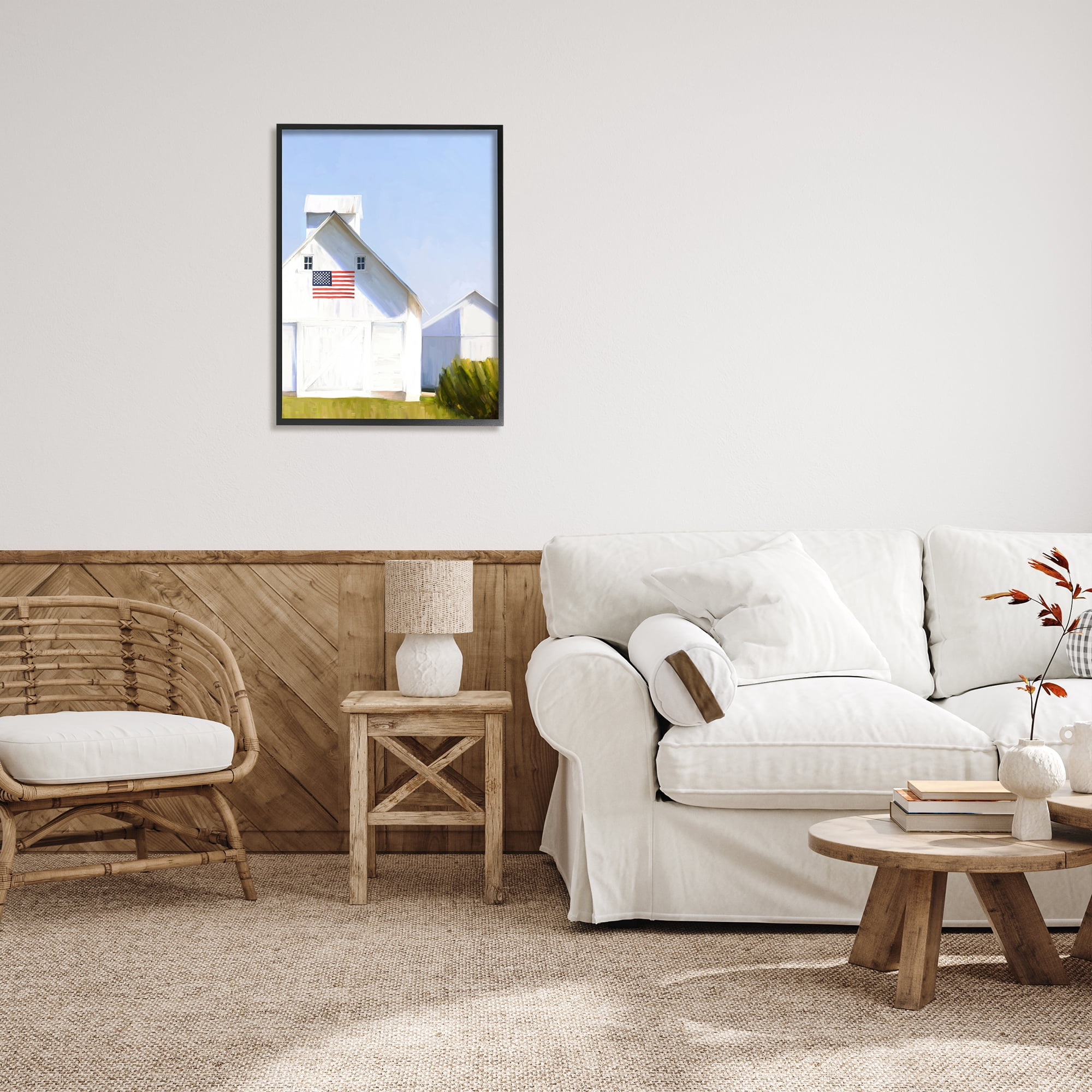 Stupell Industries White Barn Rural Country Field American Flag Painting Black Framed Art Print Wall Art, Design by Amy Hall