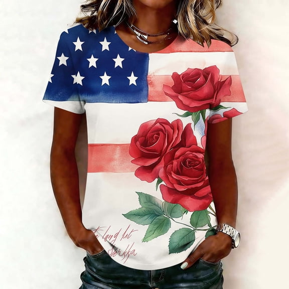 HOMBOM T Shirts for Women Basic Graphic Tee Independence Day Summer Fourth of July Butterfly Casual Ladies Tops Short Sleeve