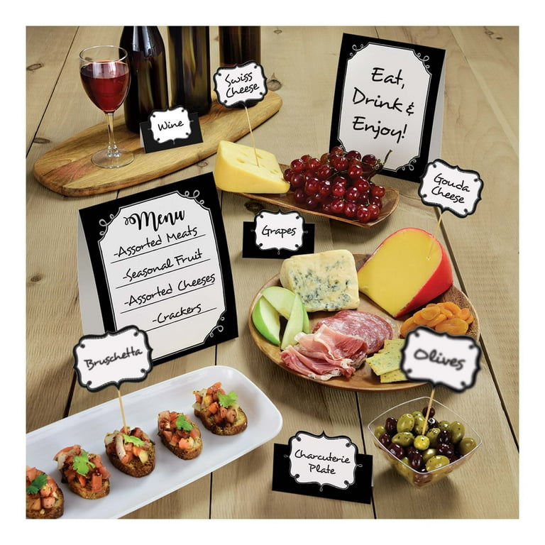amscan Foodie Buffet Cards Decor Kit 12pc Paper Party Serveware Set, White  Black