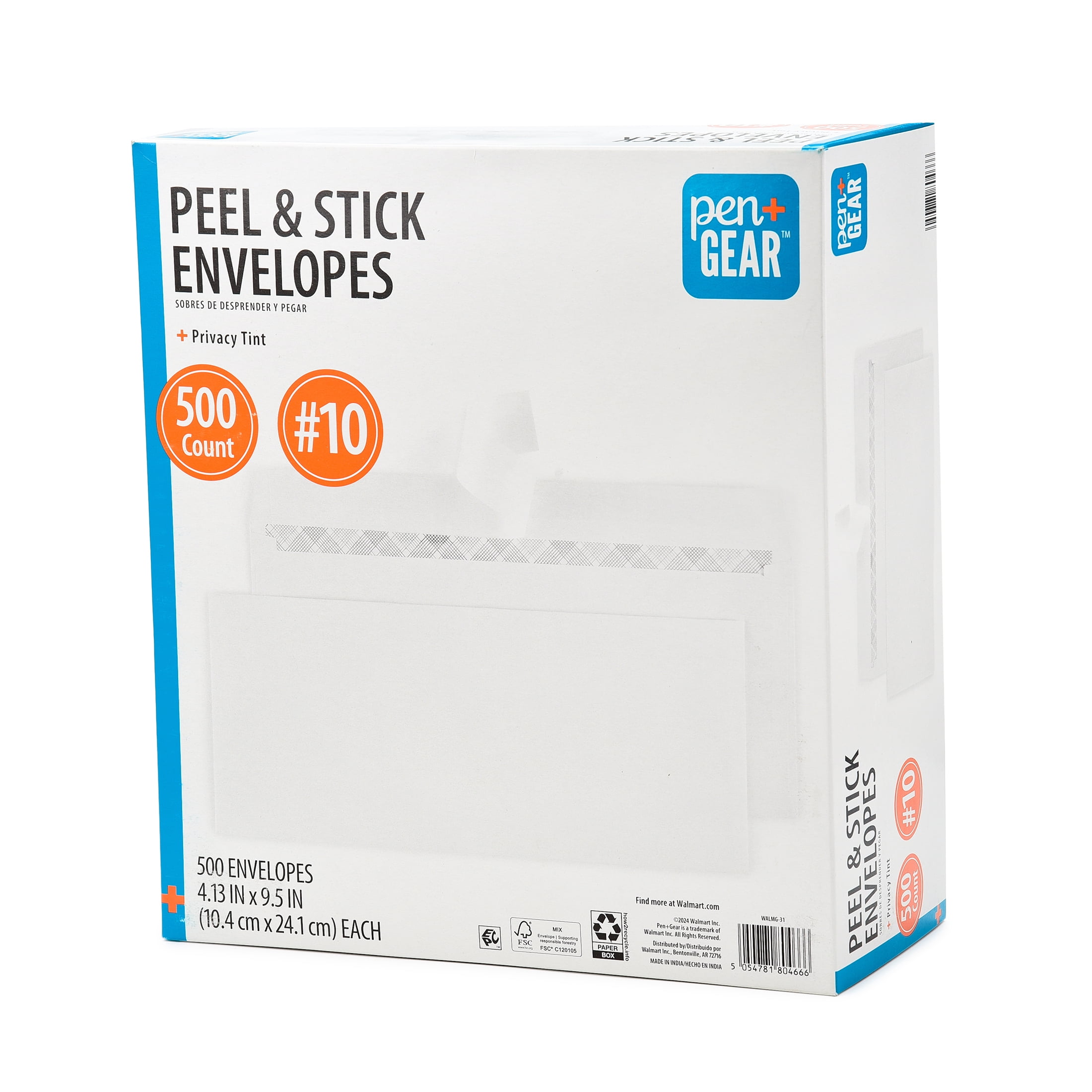 Pen+Gear #10 Privacy Tint Peel and Stick Envelopes, White, 4.13 in x 9.5 in, 500 Count