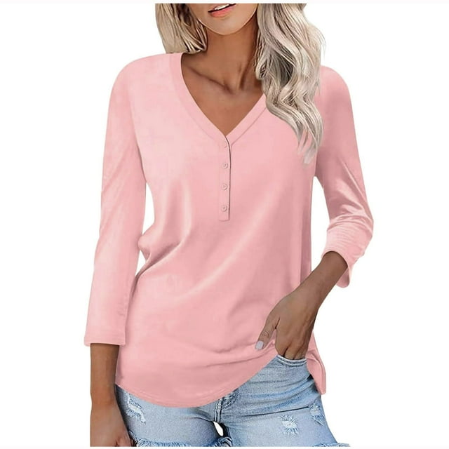 Timegard Womens Tops V-Neck Button 3/4 Sleeve Solid Color Tee Shirts Casual Tunic Tops for Leggings
