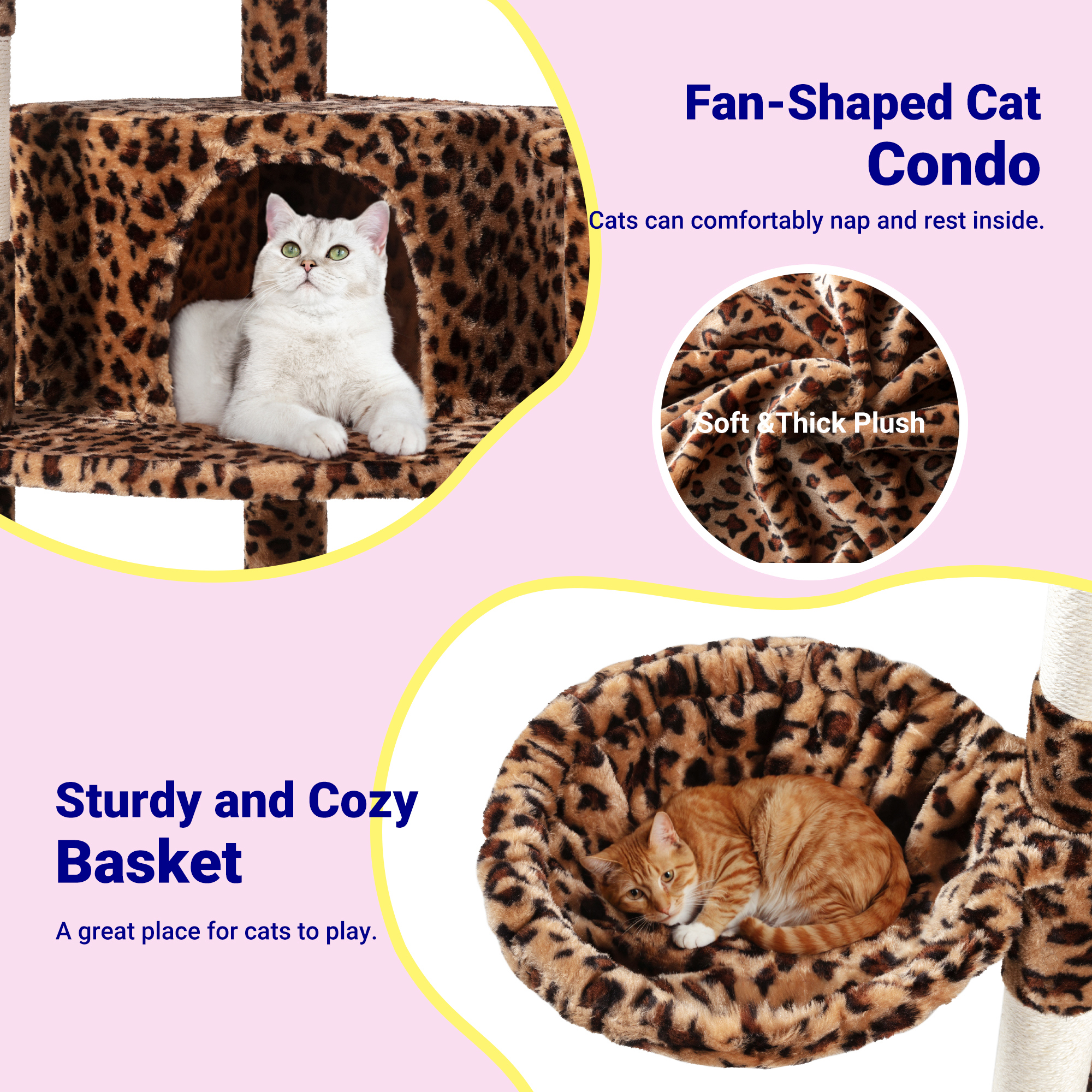 Allewie 73in Fan-Shaped Space-Saving Corner Cat Tower, Multi-Level Tall Cat Tree for Indoor Kitties, Cozy Baskets, Condos, House, Perches, Sisal Scratching Posts, Leopard Print