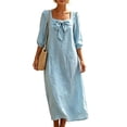 thumbnail image 2 of Odbmxy 3/4 Sleeve Midi Dresses for Women Cotton Linen Fall Peasant Tunic Square Neckline Puff Sleeve Dresses for Women, 2 of 8