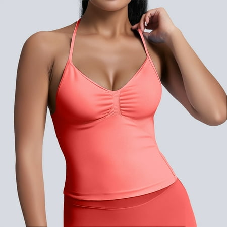 SNKSDGM Female Linen Tank Tops for Women Cropped Racerback Tank Tops for Women with Bra Women s High Elastic Nylon Seamless Sports Vest Top with Chest Cushion Back Fitness Sports Yoga Vest M