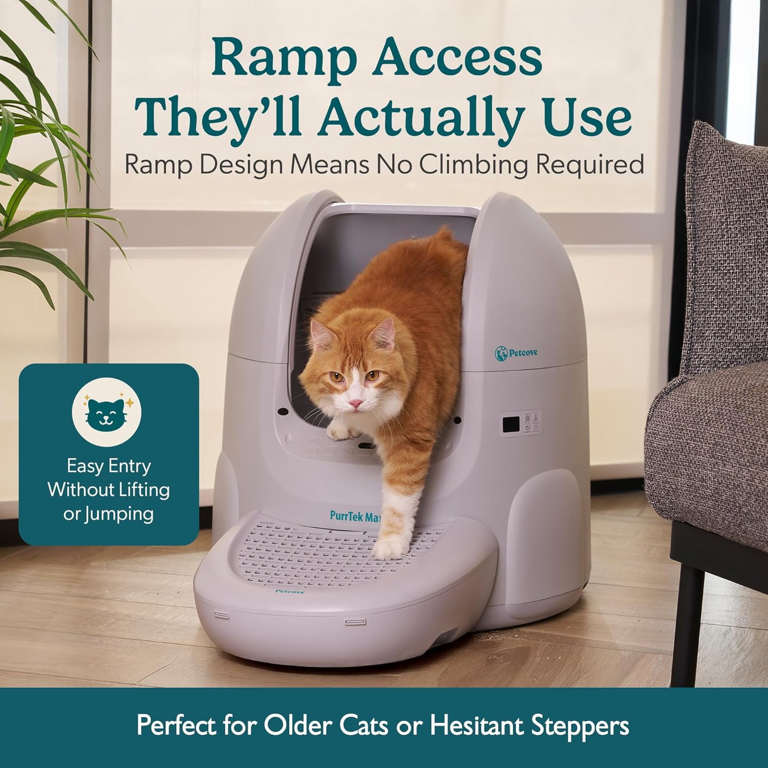 Petcove PurrTek Max Self Cleaning Cat Litter Box – XL 65L Automatic Litter Box for Multiple Cats | Ultra Quiet 30–35dB, Smart App Control, 5 Safety Sensors, Odor-Lock Bin, Ramp & 15 Bags Included