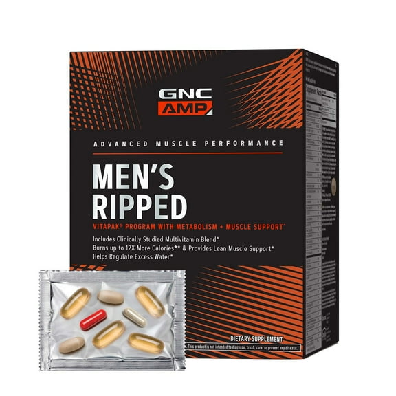 GNC AMP Men’s Ripped Vitapak Program, Proven Ingredients, Metabolism & Lean Muscle Tone, Burn Calories, Water Shedding, Caffeine, CLA,30-Day Supply