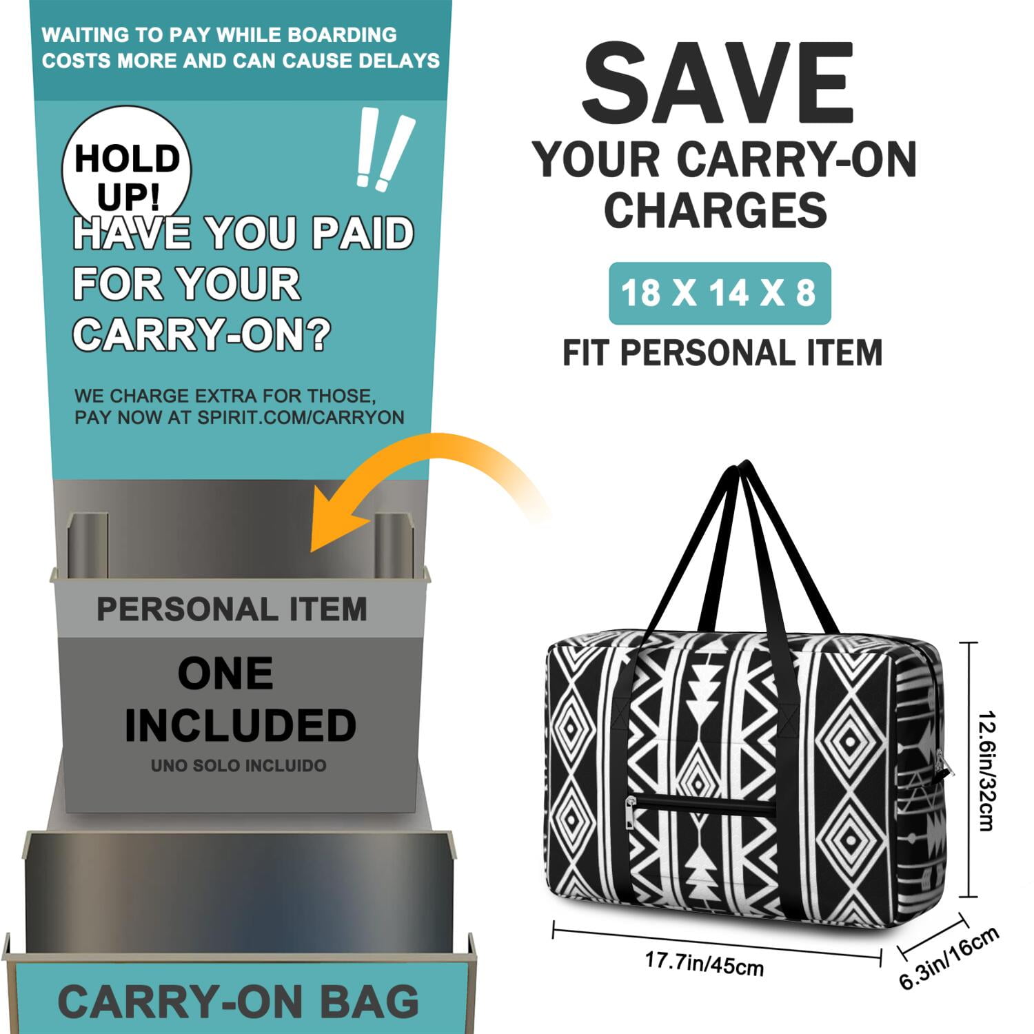 For Spirit Airlines Personal Item Bag 18x14x8 Inch, Boho Weekender Travel Bag, Foldable Travel Duffel Bag Underseat Carry on Bag with Luggage Sleeve for Women and Men 30L