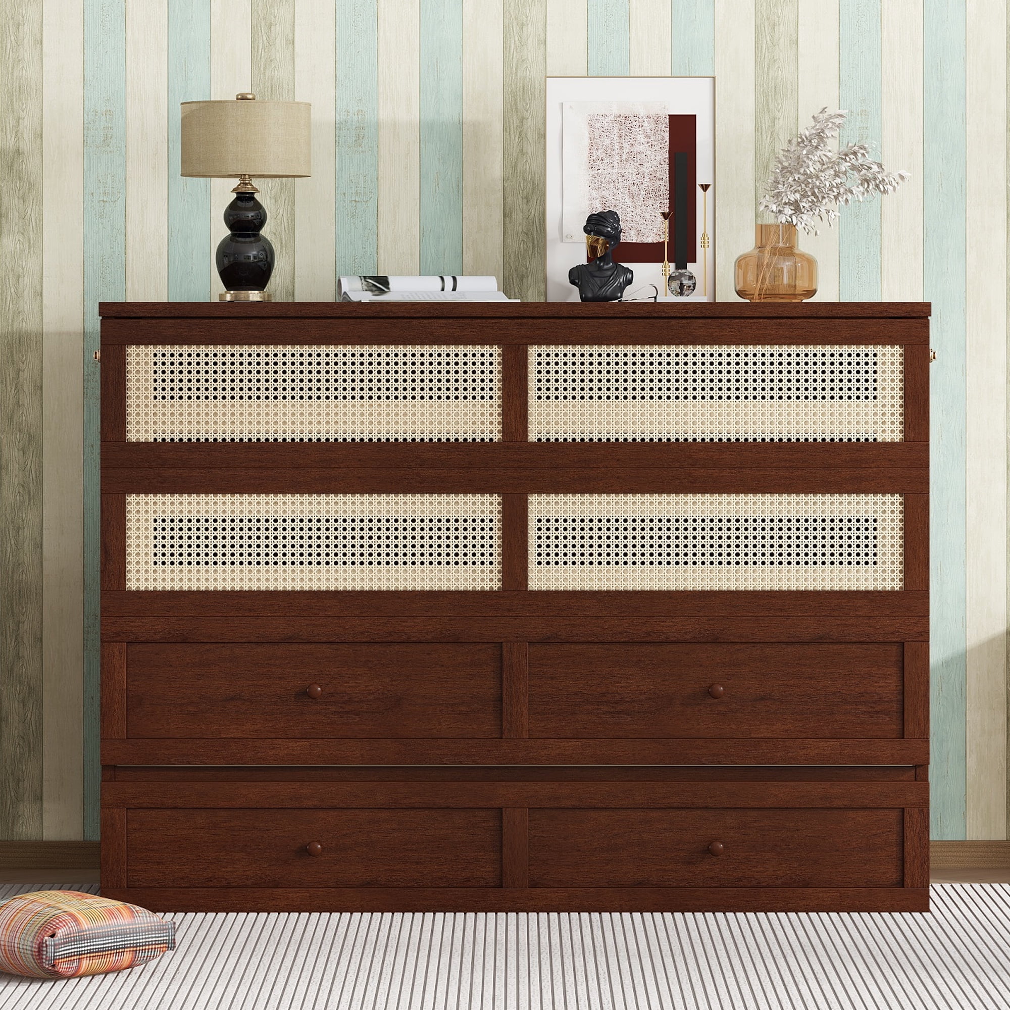 Leumius Queen Size Murphy Bed, Pine Wood Cabinet Bed with Rattan Decoration and Storage Drawer for Home Office Guest Room Walnut