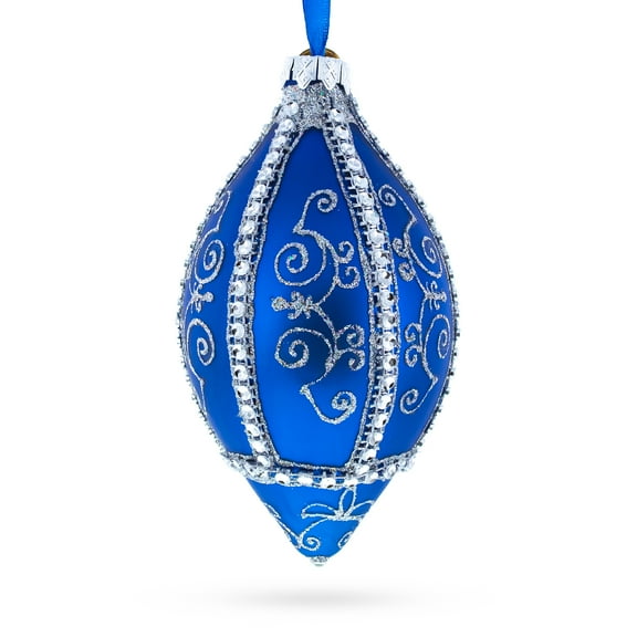 Jeweled Pattern on Blue Pointed Teardrop Finial Glass Christmas Ornament