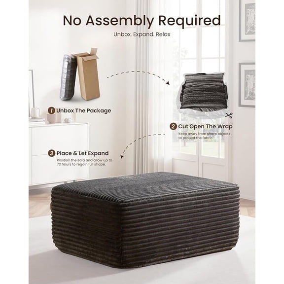 Oversized Corduroy Ottoman Bench for Living Room, Rectangle Plush Footrest Pouf, Extra Seating & Coffee Table for Sofa, Compressed Memory Foam, No Assembly Required, Grey