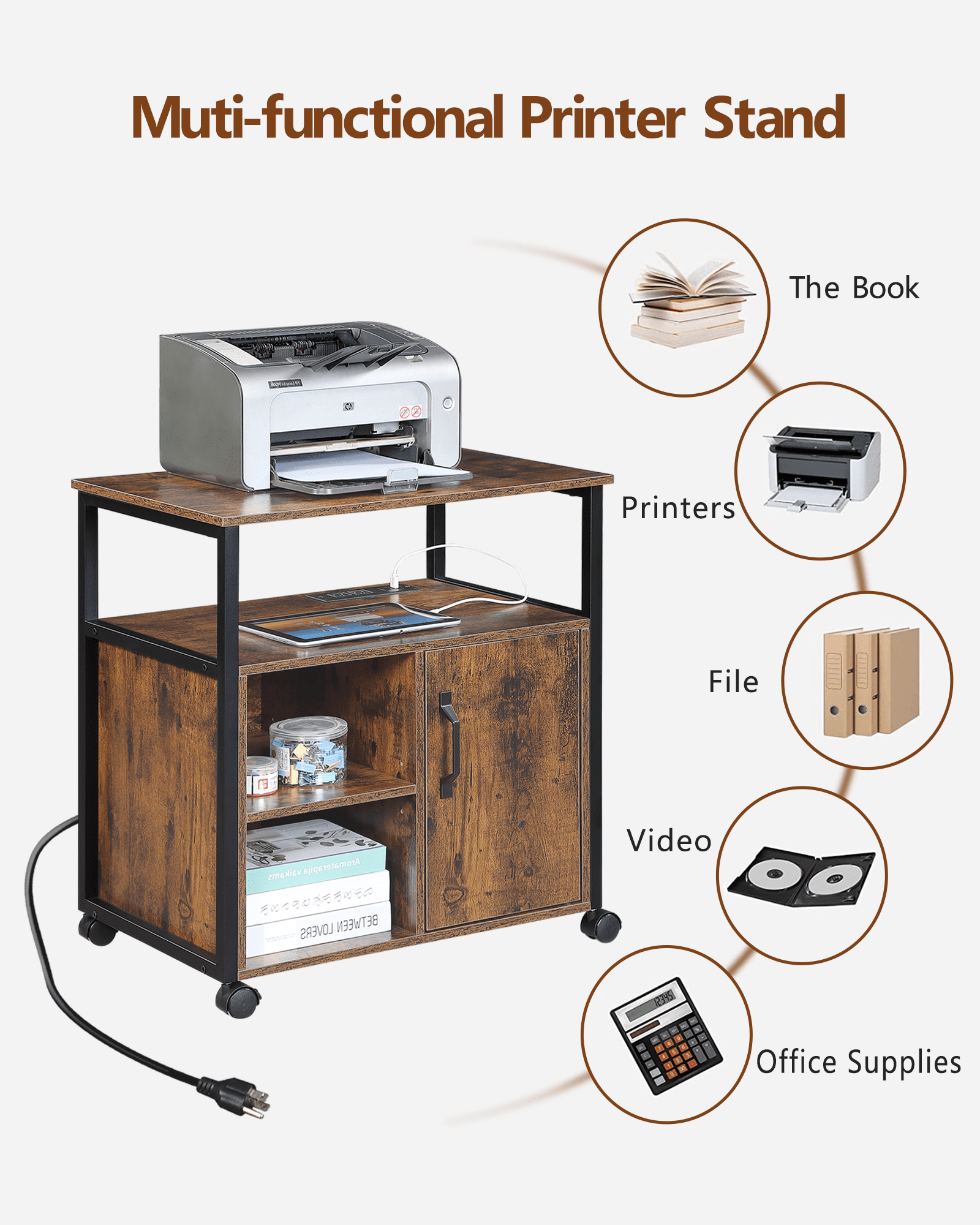 File Cabinet, Office Filing Cabinets with Socket and USB Charging Port, Printer Stand with Storage for A4, Letter Size,Metal Side Frame, Easy Installationfor Home Office