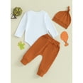 thumbnail image 4 of Liacowi Baby Boys Thanksgiving Outfits Set Long Sleeve Letter Print Romper Drawstring Pants Hat Sets 3M 6M 12M 18M Newborn Boys 3PCS Fall Winter Clothes, 4 of 9