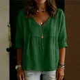 thumbnail image 5 of Women's Cotton Linen V Neck Blouse Casual 3/4 Sleeve Babydoll Pleated T Shirts Summer Boho Relaxed Fit Vacation Tunic Tops Green L, 5 of 5