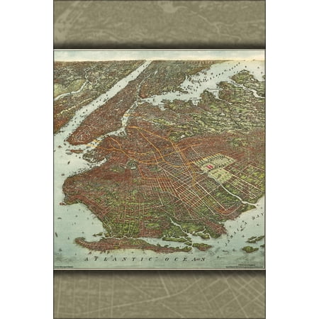 24"x36" Gallery Poster, birdseye view map of Brooklyn new york city 1908
