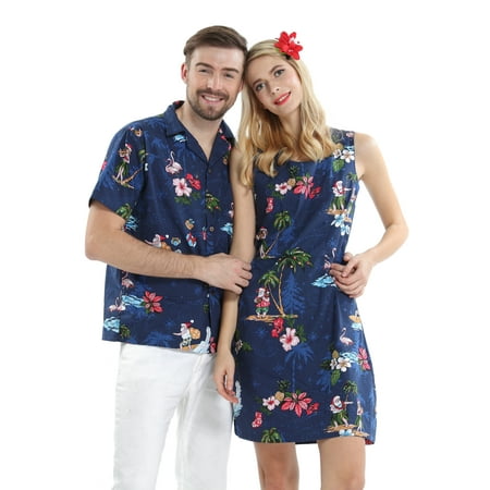 Couple Matching Hawaiian Luau Cruise Christmas Outfit Shirt Dress Santa Navy Men M Women 2XL