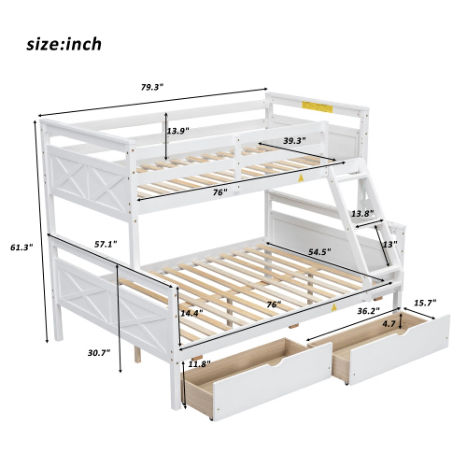 Twin Over Full Bunk Bed with Storage Drawers, Convertible Wood Bunk Bed with Ladder and Safety Guardrails, Twin Full Bed Frame for Kids Bedroom, White