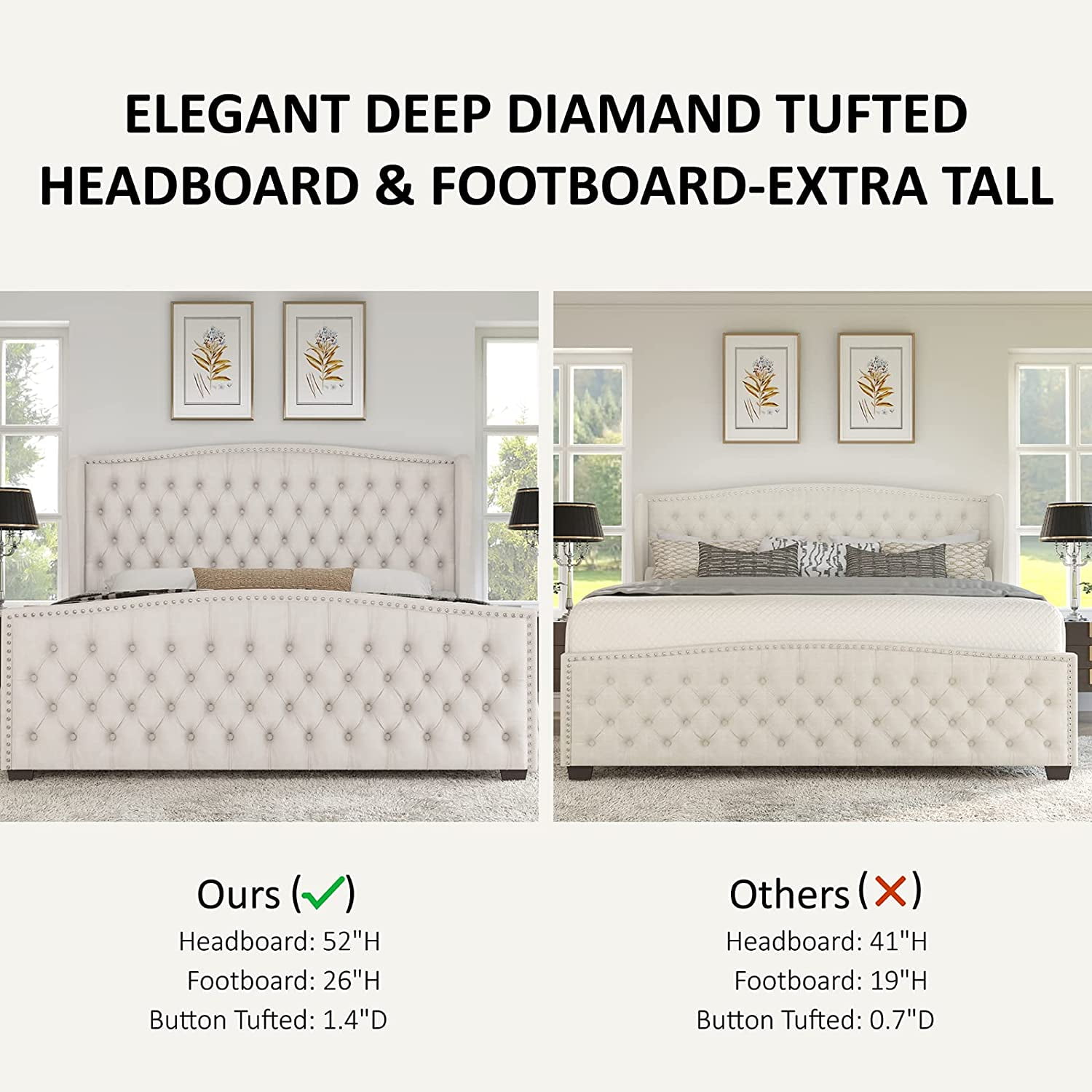 Amerlife King Bed Frame with Velvet Upholstery, Tufted Wingback Headboard and Nailhead Trim, Cream