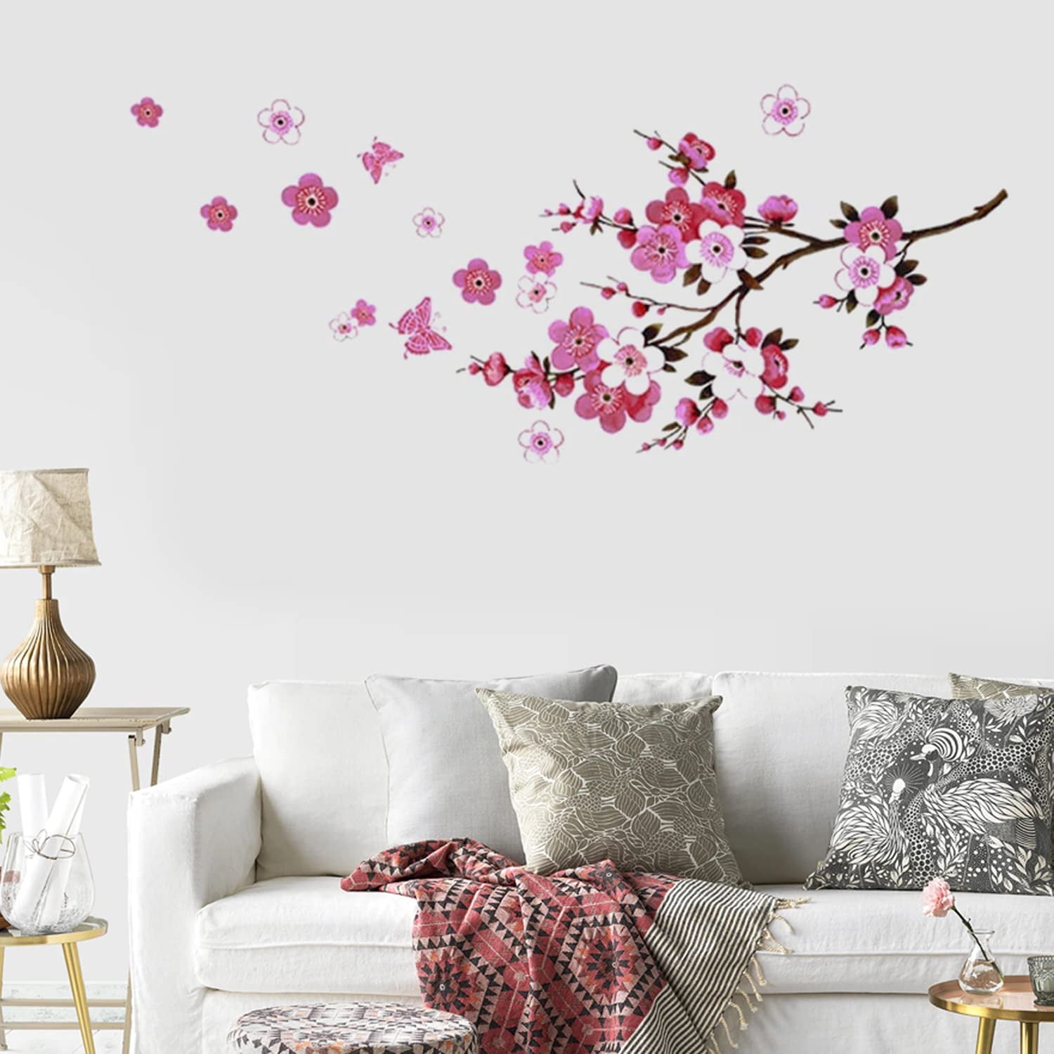 Amaonm 2 Sheets Of 12"x36" Removable Pink Red Cherry Blossom Flowers Wall Stickers DIY Flying Birds And Tree Brances Wall Decals 3D Peel And Stick Floral Art Decor For Kids Girls