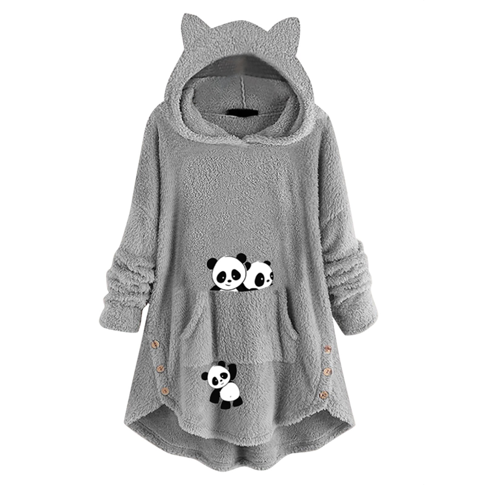 Hoodies for Women Women S Long Sleeve Cat Ear Hoodies Pullover Hoodie Cute Printed Top With Button Pockets Sweatshirt Dress Oversized Hoodies for Women Color Grey Size M Walmart